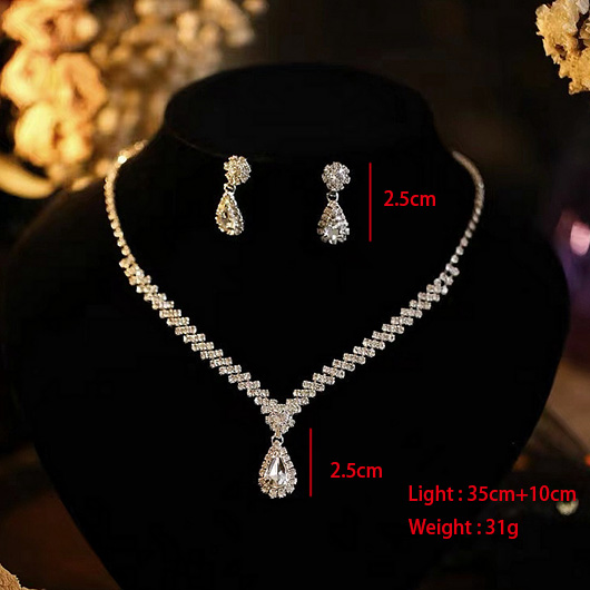 Rhinestone Waterdrop Silvery White Necklace and Earrings