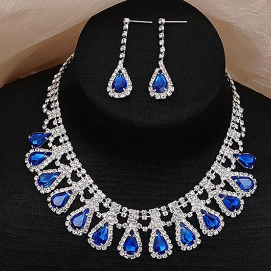 Waterdrop Rhinestone Royal Blue Crystal Earrings and Necklace