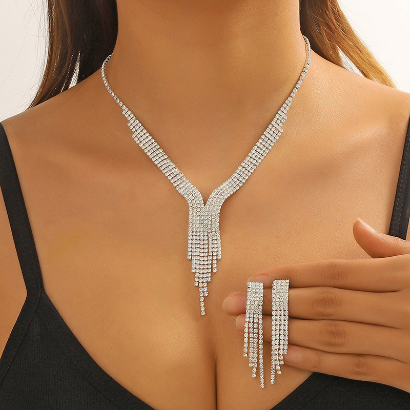 Tassel Rhinestone Silvery White Necklace and Earrings