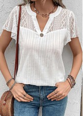 Lace White Short Sleeve Split Neck Blouse
