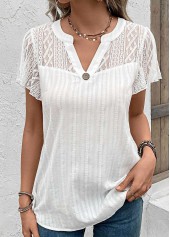 Lace White Short Sleeve Split Neck Blouse
