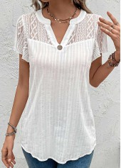 Lace White Short Sleeve Split Neck Blouse