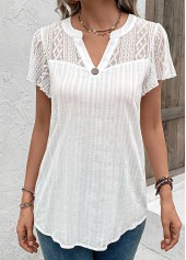 Lace White Short Sleeve Split Neck Blouse