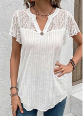 Lace White Short Sleeve Split Neck Blouse