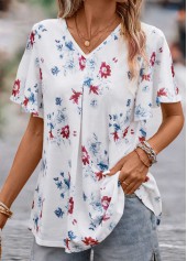 V Neck Floral Print White Short Sleeve Blouse