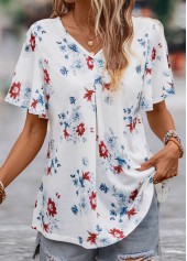 V Neck Floral Print White Short Sleeve Blouse