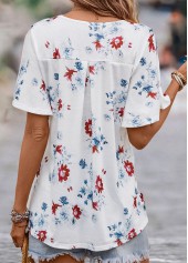 V Neck Floral Print White Short Sleeve Blouse