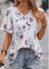 V Neck Floral Print White Short Sleeve Blouse