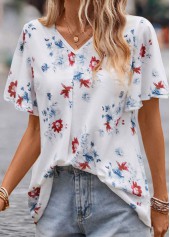 V Neck Floral Print White Short Sleeve Blouse