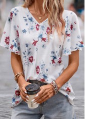 V Neck Floral Print White Short Sleeve Blouse