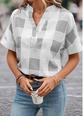 Plaid Split Grey Short Sleeve Blouse