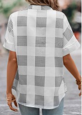 Plaid Split Grey Short Sleeve Blouse