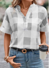 Plaid Split Grey Short Sleeve Blouse