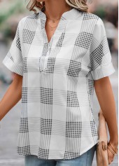 Plaid Split Grey Short Sleeve Blouse