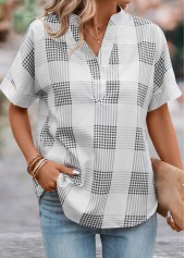 Plaid Split Grey Short Sleeve Blouse