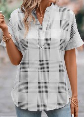 Plaid Split Grey Short Sleeve Blouse