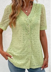 Lace Green Short Sleeve V Neck Blouse