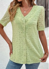 Lace Green Short Sleeve V Neck Blouse