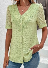 Lace Green Short Sleeve V Neck Blouse
