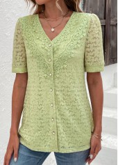 Lace Green Short Sleeve V Neck Blouse