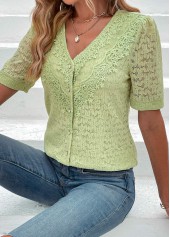 Lace Green Short Sleeve V Neck Blouse