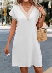 V Neck Patchwork White Shift Dress