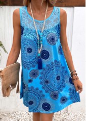 Tribal Print Patchwork Sky Blue Shift Dress