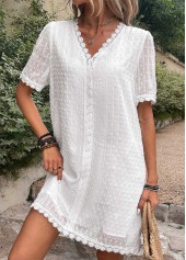 Lace Patchwork White V Neck Shift Dress