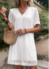 Lace Patchwork White V Neck Shift Dress