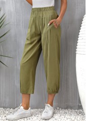 Regular Pocket Olive Green Elastic Waist Pants