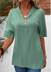 Button Sage Green Short Sleeve Turn Down Collar Blouse