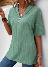 Button Sage Green Short Sleeve Turn Down Collar Blouse