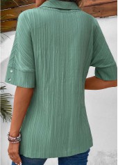 Button Sage Green Short Sleeve Turn Down Collar Blouse