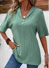 Button Sage Green Short Sleeve Turn Down Collar Blouse