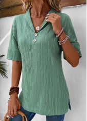 Button Sage Green Short Sleeve Turn Down Collar Blouse