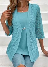 Light Blue 3/4 Sleeve Fake Two Piece Twinset