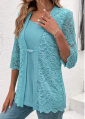 Light Blue 3/4 Sleeve Fake Two Piece Twinset