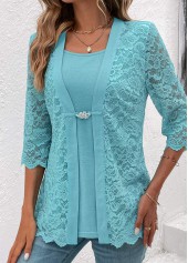 Light Blue 3/4 Sleeve Fake Two Piece Twinset