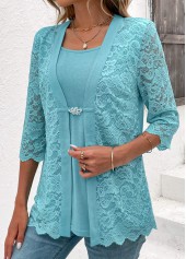 Light Blue 3/4 Sleeve Fake Two Piece Twinset