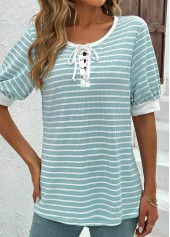 Lace Up Round Neck Mint Green T Shirt