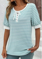 Lace Up Round Neck Mint Green T Shirt
