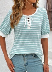 Lace Up Round Neck Mint Green T Shirt