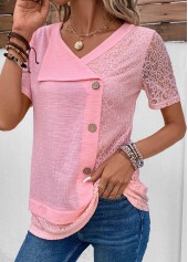 Patchwork Pink Short Sleeve V Neck T Shirt