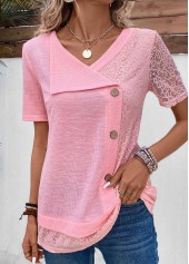 Patchwork Pink Short Sleeve V Neck T Shirt