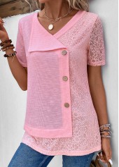 Patchwork Pink Short Sleeve V Neck T Shirt