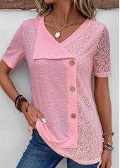 Patchwork Pink Short Sleeve V Neck T Shirt