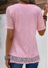 Patchwork Pink Short Sleeve V Neck T Shirt