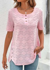 Button Light Pink Short Sleeve Round Neck Blouse