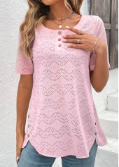 Button Light Pink Short Sleeve Round Neck Blouse