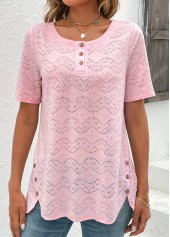 Button Light Pink Short Sleeve Round Neck Blouse